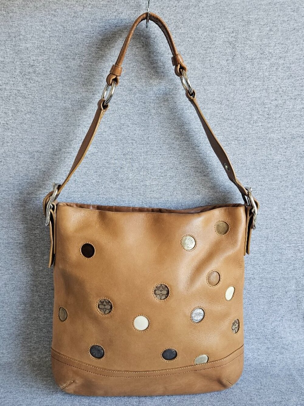 Coach Tan Brown Applique Soho Shoulder Bag Silver Hardware F10651 Polka Dot Y2K - Picture 1 of 15
